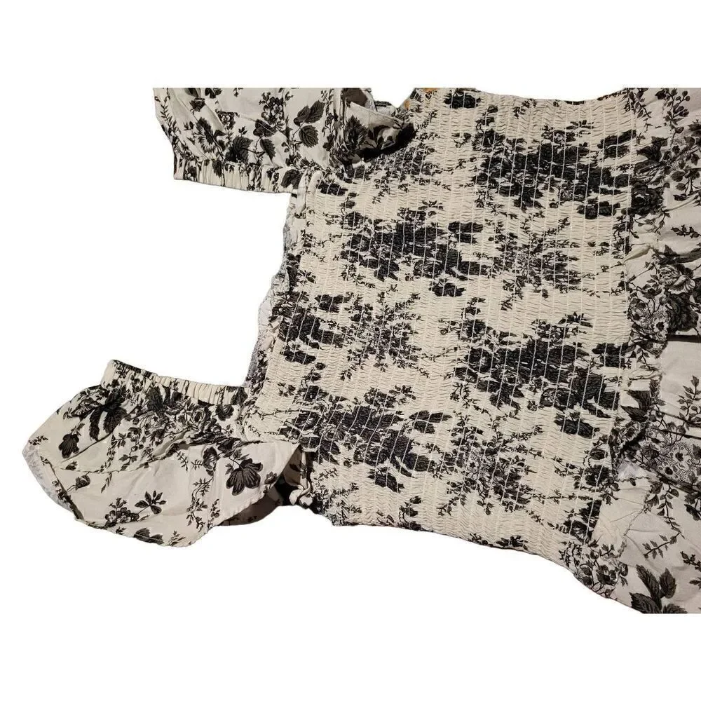 Lini Smocked Ruffle Sleeve Floral Midi Dress Ivory Black Women's Small